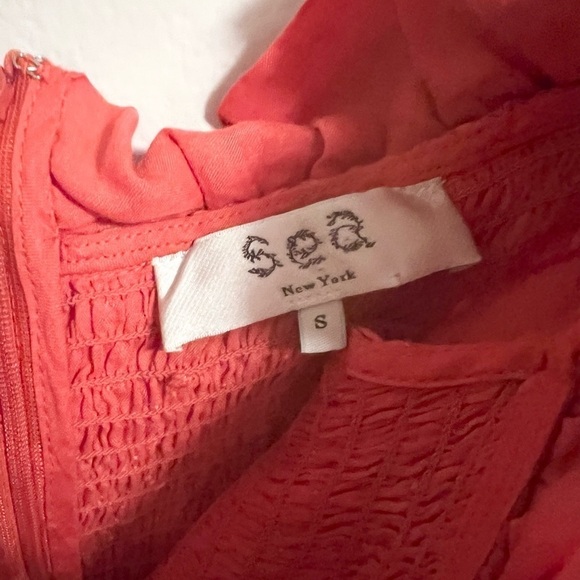 Sea NY Frida coral red smocked ruffle rosette off shoulder midi dress cotton - Picture 6 of 14